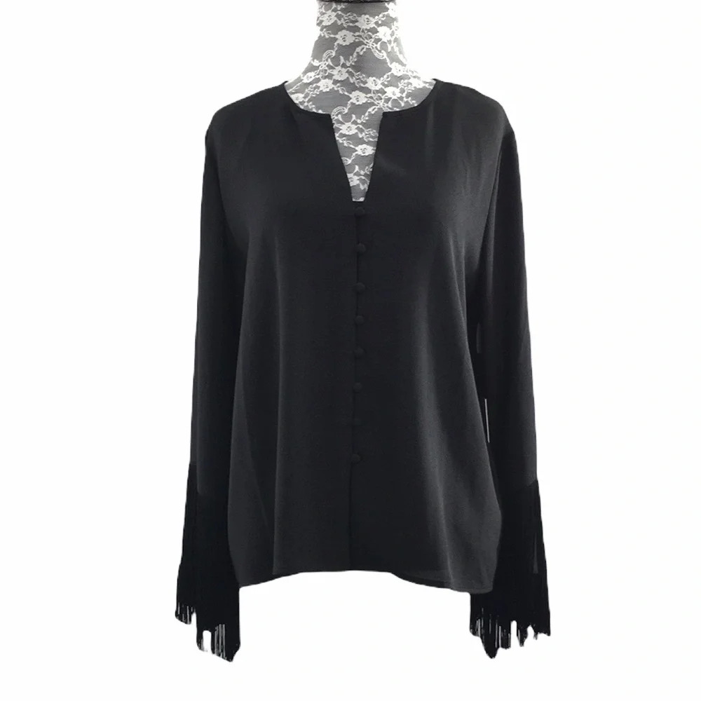 1. State Revolve‎ Moody Hues Rich Black Button Front Fringe Long Sleeve Blouse